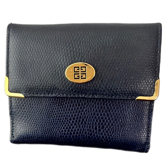 Givenchy Handbags - Givenchy Navy Blue Leather Mini Wallet with Gold Accents